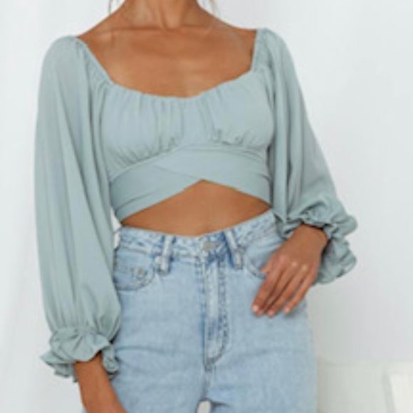 Beginning Boutique -Pistachio Ruched, On/Off Shoulder Long Sleeve Crop, Size 12 - Picture 3 of 6